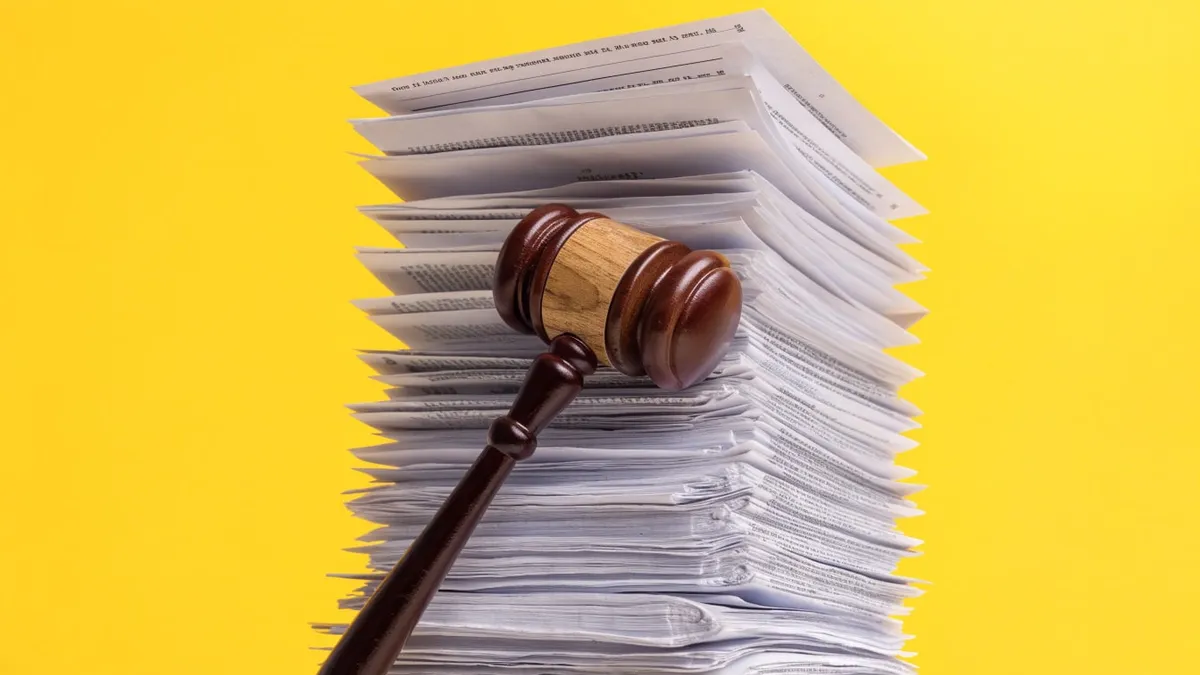 A tall stack of legal papers with a wooden gavel resting on it, cut out against a solid bright yellow background.
