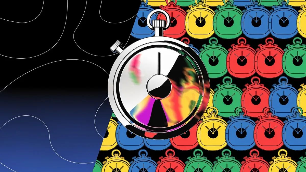 A large chrome stopwatch with a swirl of pink, orange and purple blur on its face sits at the center of a background split down the middle, black and navy blue with thin white contour lines on the left and a repeating pattern of small red, yellow, green and blue stopwatches on black on the right.