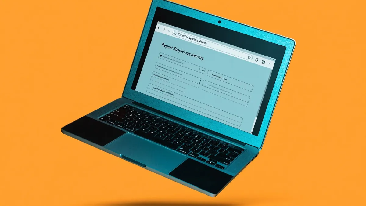 A laptop open to a blank web form on a desk, cut out against a solid bright color.
