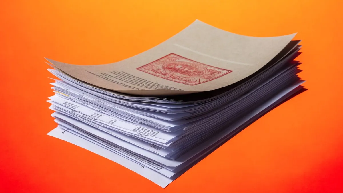 A stack of printed documents with a stamped cover page, cut out against a solid bright color.