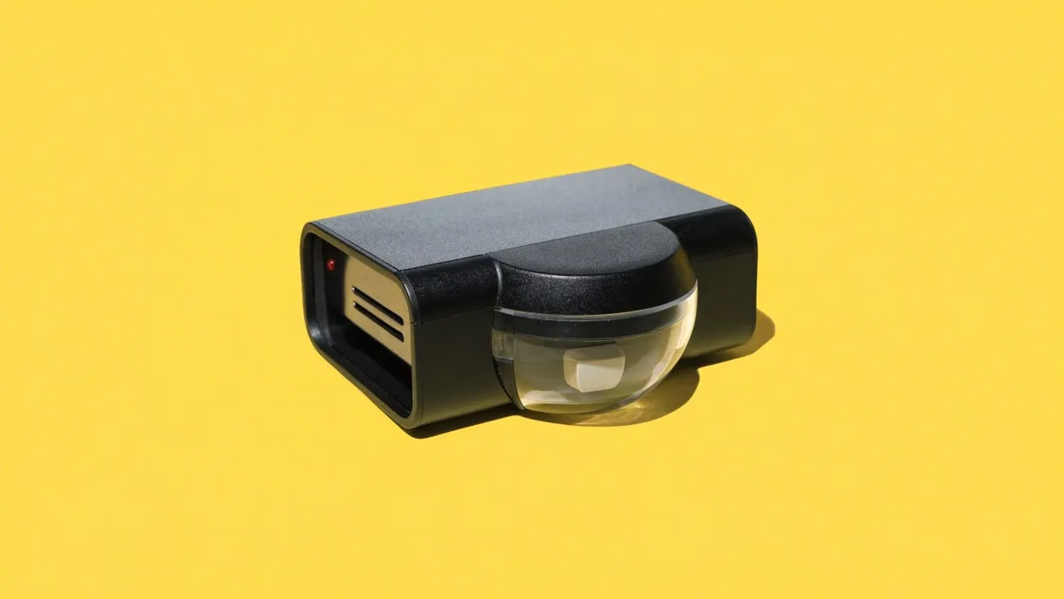 An office badge reader on a short stand, cut out against a solid bright color.
