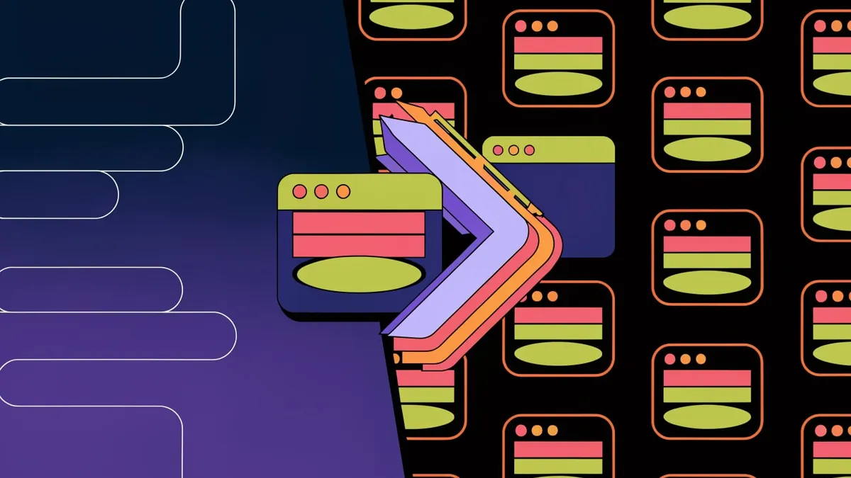 A terminal window and a browser window connected by a glowing sync arrow, set across a dark blue gradient with a repeating pattern of brightly colored lab glassware.