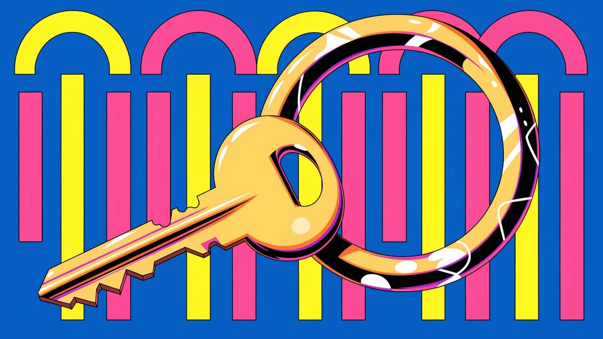 An illustrated gold key on a gold ring, set against a blue field of pink and yellow arches and vertical bars.