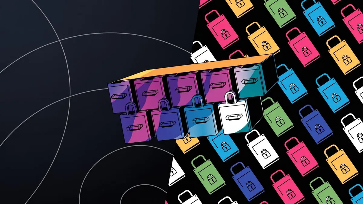 Two rows of purple, pink, teal and white drawers, four with padlocks hanging on the front, set in a tilted panel over a black background patterned with colorful padlock icons and a dark panel with thin gray arcs on the left.