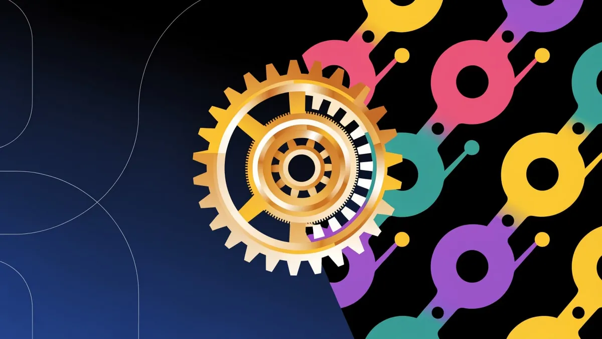 A gold and cream clockwork gear in the center, with a dark navy gradient on the left and a black field on the right filled with linked pink, yellow, purple and teal rings.