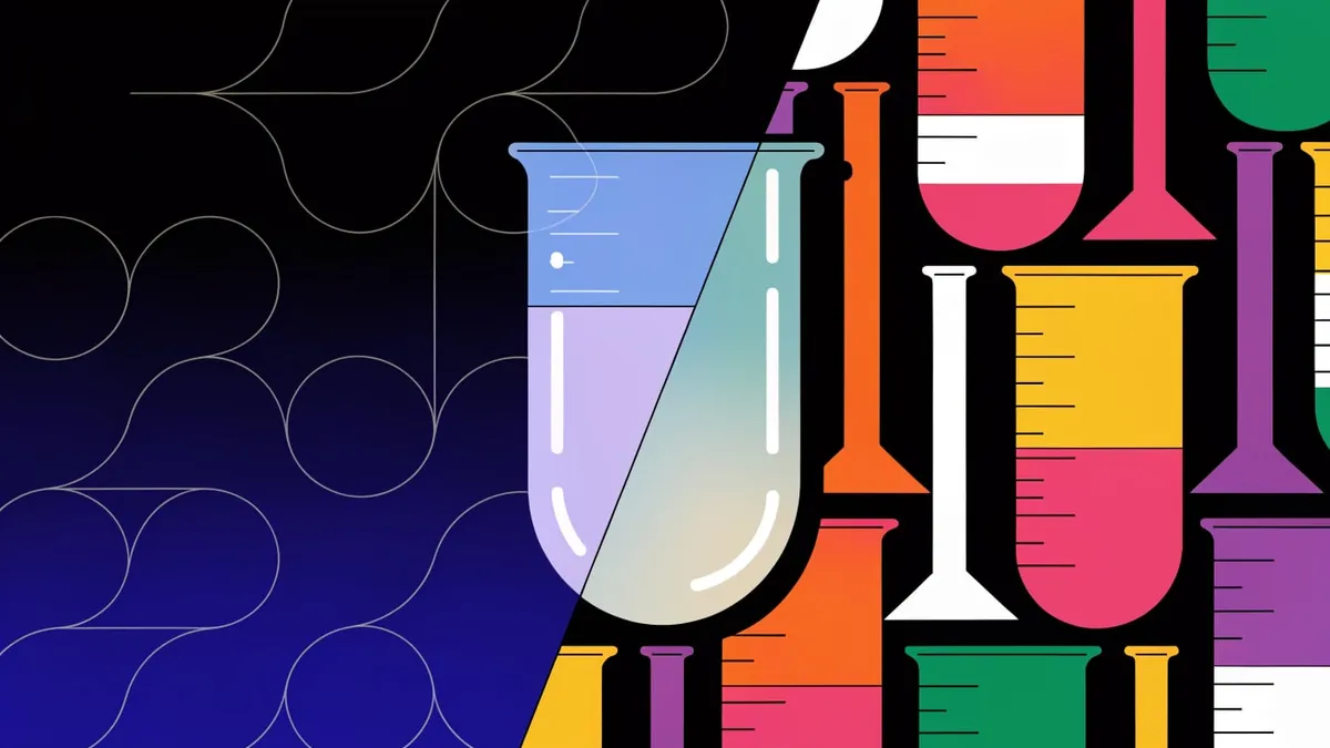 A large glass beaker with measurement marks set across a dark blue gradient and a repeating pattern of brightly colored lab glassware.