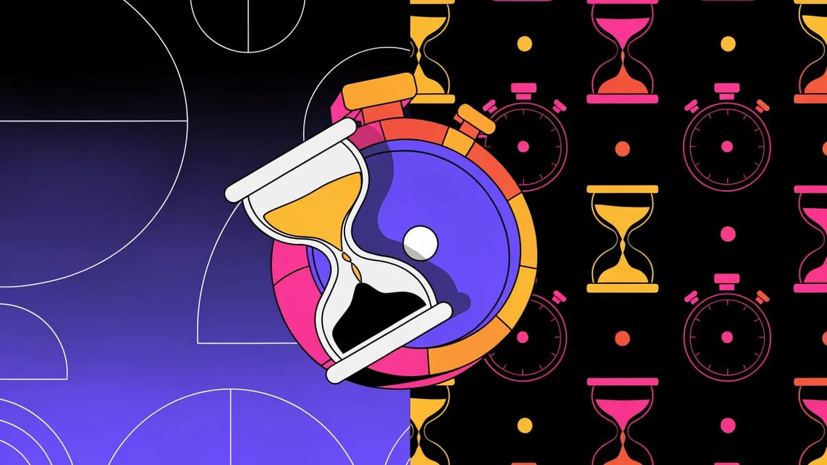 A white hourglass with orange sand tilted over a purple, pink and orange stopwatch, set against a split background: a purple gradient with thin white arcs on the left and a black panel patterned with small hourglass and stopwatch icons on the right.