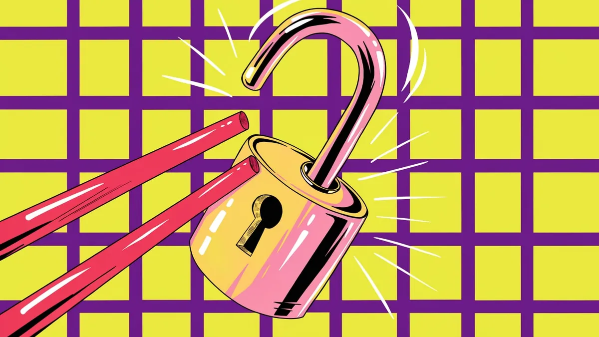 An open pink and gold padlock with its shackle raised, tilted on a yellow and purple grid background, with two red rods pointing at it from the left and white motion lines around it.