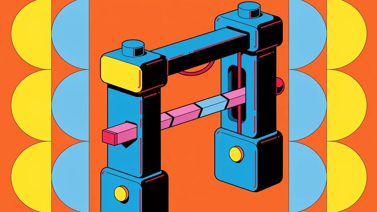 A blue and black gantry-style gate frame with yellow and light blue knobs and a pink segmented barrier arm across it, on an orange background flanked by columns of yellow and light blue half circles.