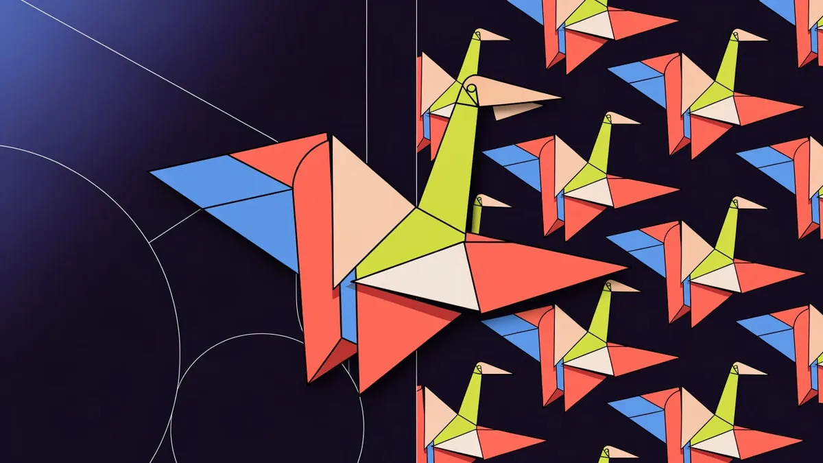 A large origami crane folded from flat panels of coral red, blue, lime green and pale peach with black outlines, facing right on a dark navy background with thin white arcs and lines on the left, while a repeating pattern of smaller identical cranes fills the right side.