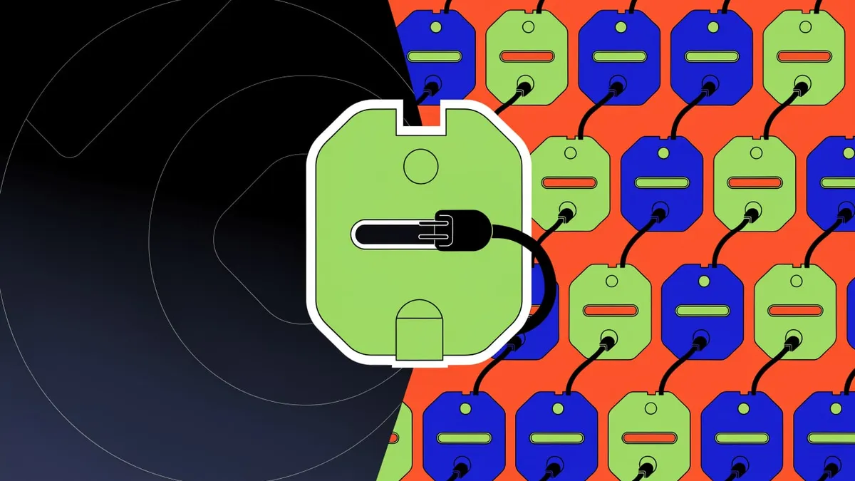 A flat illustration of a grid of green and blue rounded panels, each with a slider slot and a black cable plugged in, on an orange background, with one larger green panel outlined in white at the center over a dark left half marked by faint concentric circles.