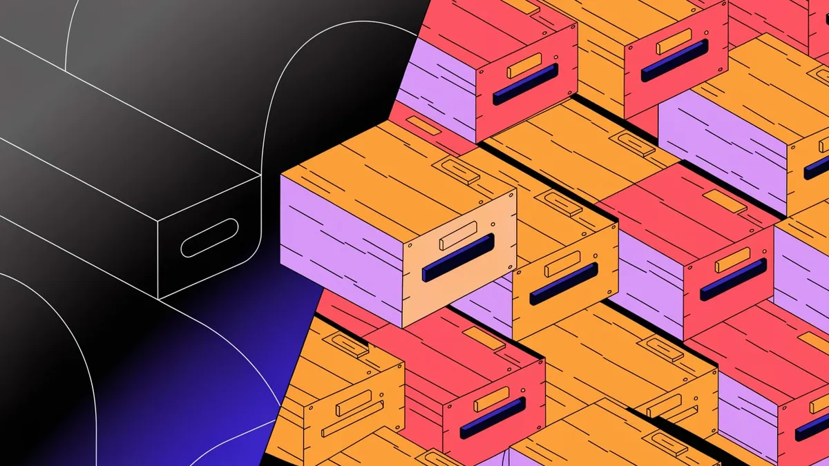 An illustration of rows of orange, red and lilac card catalog drawers with dark blue handles stacked in a grid, beside a black outline drawing of a single drawer on a dark gradient.