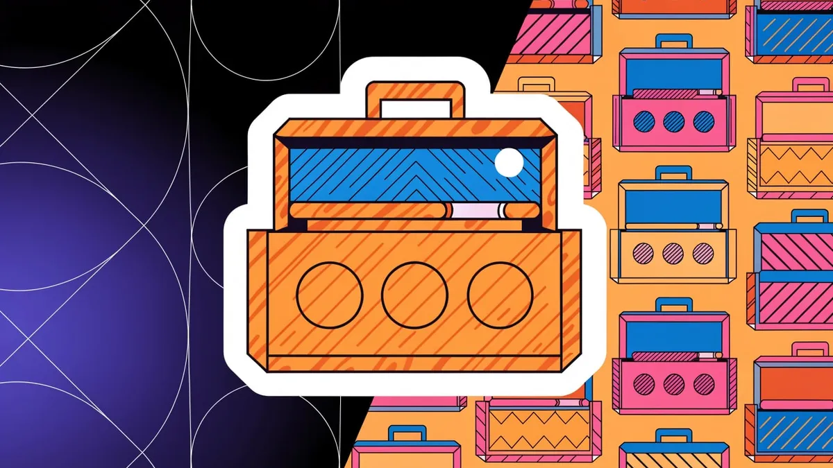 An orange hatched toolbox with its lid open, a blue panel inside and three round dials on the front, in a white-outlined sticker cutout, between a dark purple panel with thin white arcs on the left and a pattern of smaller pink, blue and orange toolboxes on an orange field on the right.
