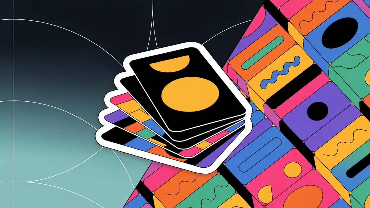 A stack of overlapping paper slide cards fanned out, cut out against a solid bright color.