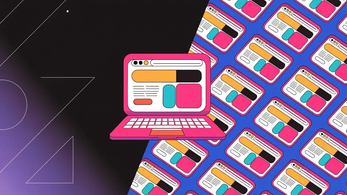 A pink cartoon laptop with a browser-style page on its screen, orange and black bars with teal and pink blocks, centered over a split background: black with purple gradient and thin white line shapes on the left, a blue tile pattern of repeated browser windows on the right.