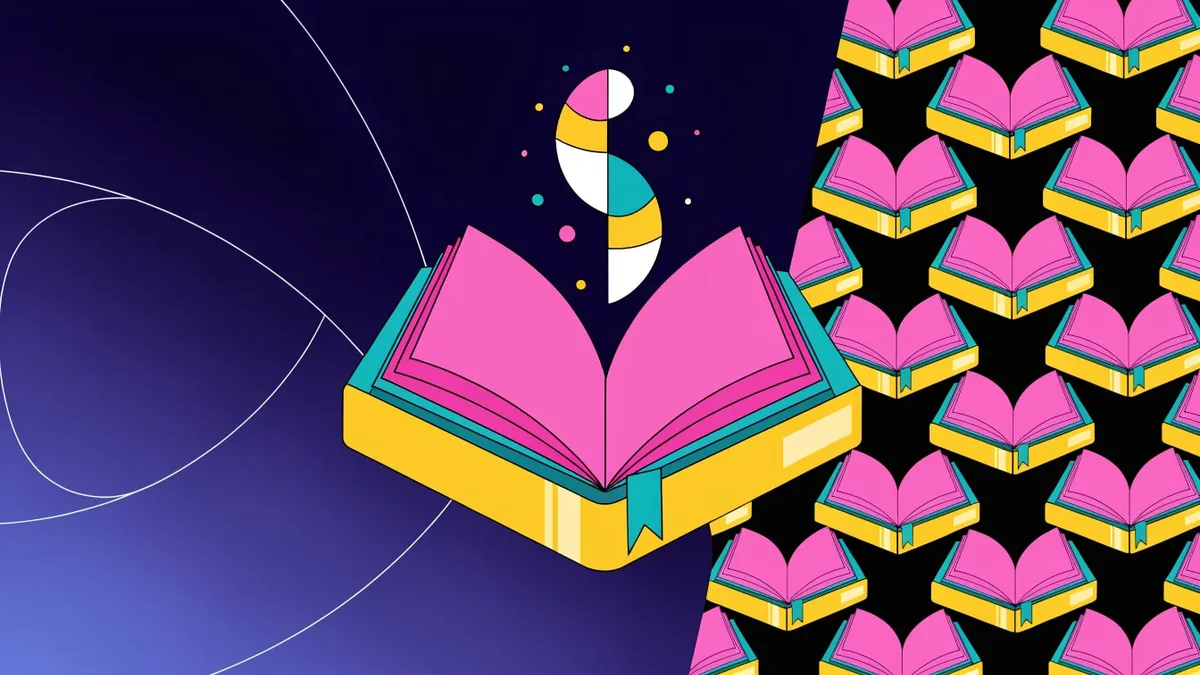 An open ebook glowing with a small spark icon, linked by thin lines to a notebook page, a quiz checklist and a bar-chart infographic.