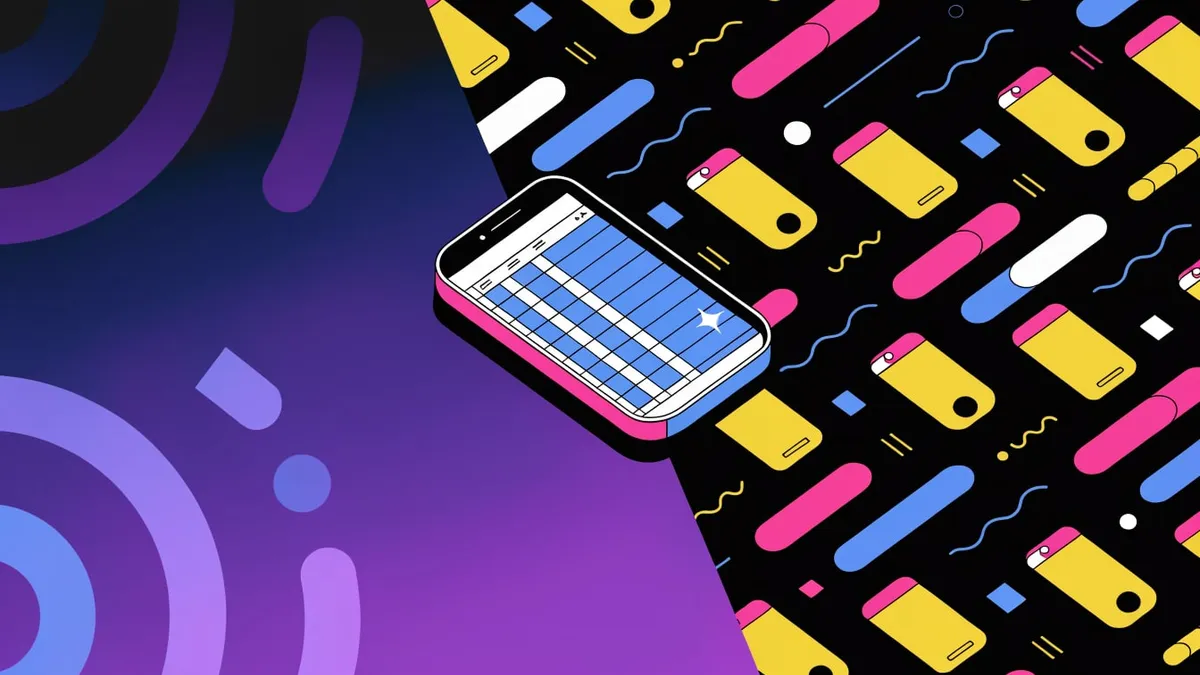 A smartphone displaying a spreadsheet grid with a small spark icon glowing in the corner of the screen.