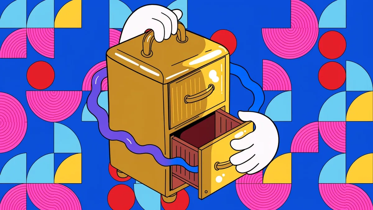 A brass two-drawer filing cabinet with a top handle, its lower drawer pulled open by a white cartoon hand while another hand grips the handle, with a wavy blue and purple ribbon looping around it, set against a blue background of pink, light blue, yellow and red quarter-circle shapes.