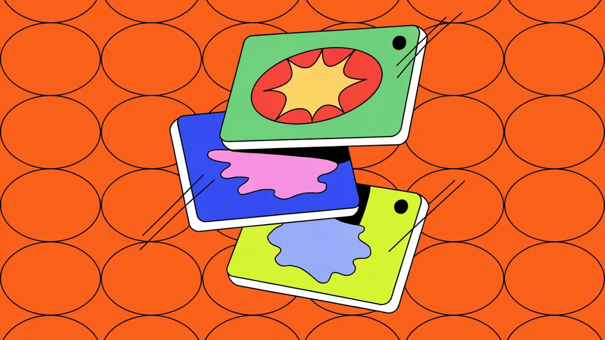 Three overlapping flat-color cards, one green with a red and yellow starburst, one blue with a pink blob and one lime with a pale blue blob, stacked at an angle over an orange background patterned with black outlined ovals.