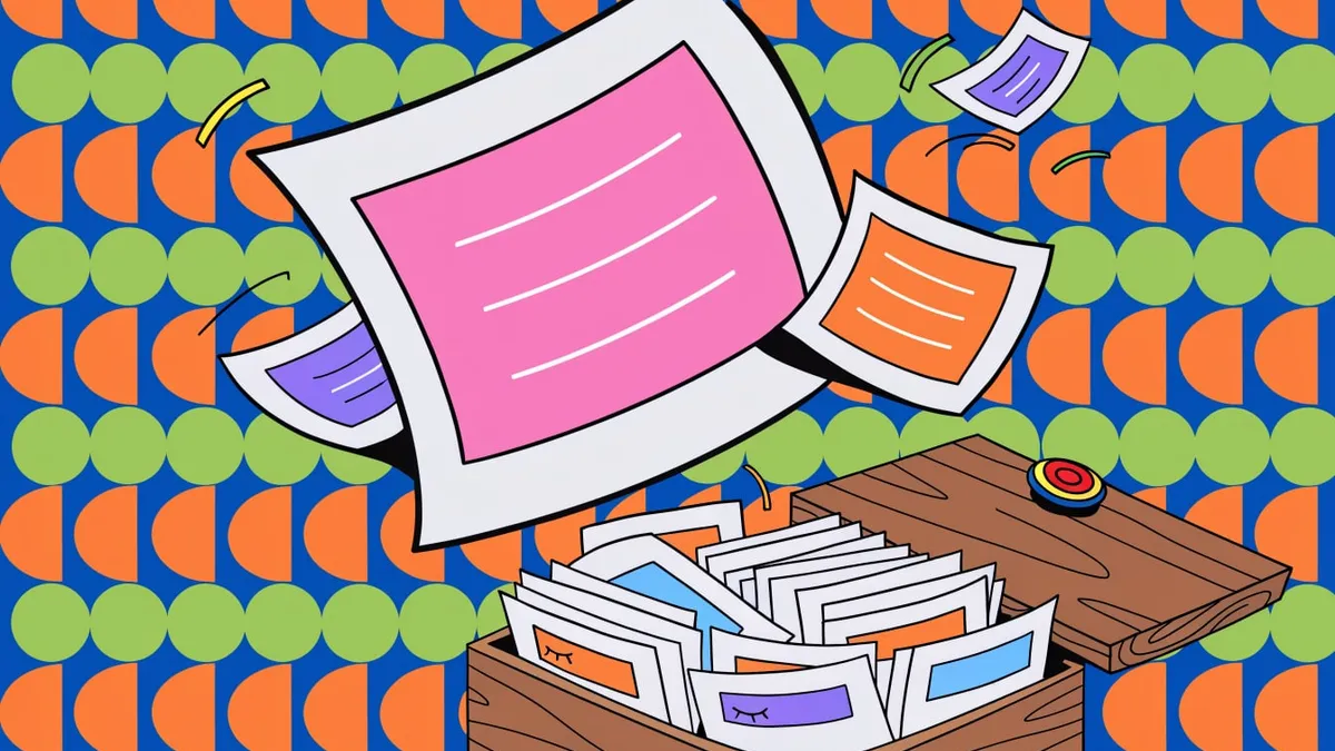 A wooden card box with its lid open holds a stack of white index cards with orange, blue and purple labels, while a large white card with a pink center and two smaller cards float above it, against a blue background patterned with green circles and orange half-moons.