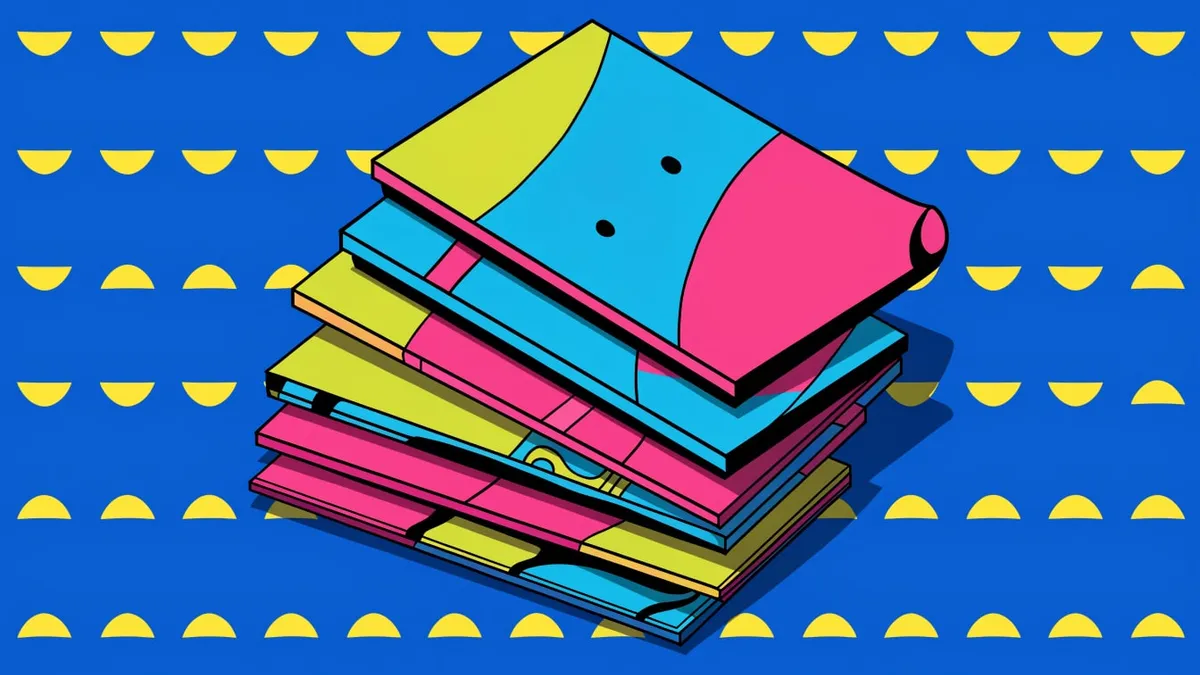 A flat illustration of a tilted stack of six flat cards in pink, cyan and lime with black outlines, on a solid blue background patterned with rows of small yellow half circles.