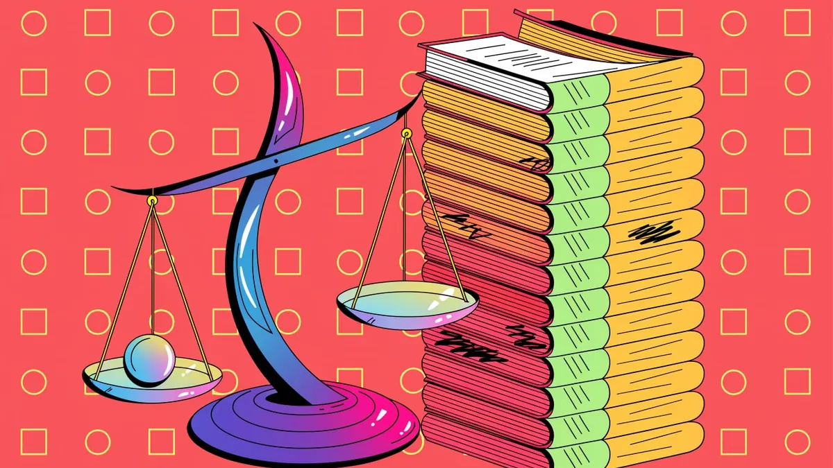 A brass scale of justice standing upright beside a stack of bound contracts, cut out against a solid bright color.
