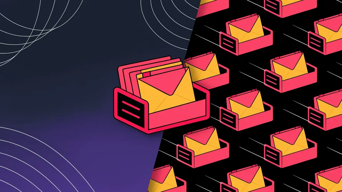 An overflowing wire in-tray of paper envelopes with a single yellow sticky note on top.