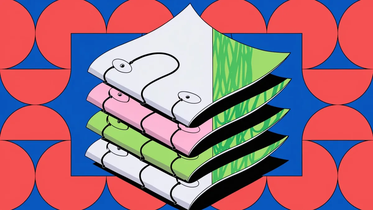 A flat illustration of a stack of four tilted sheets, white, pink, green and white, with black outlines and green scribble on the right edges, on a blue background patterned with red half-circles.