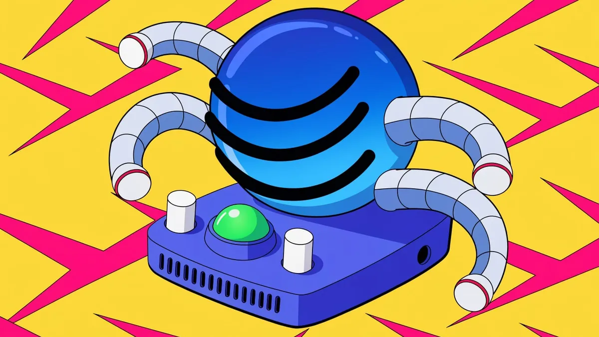 A blue sphere with three black curved lines sits on a blue speakerphone-style base with a green button and two white knobs, surrounded by four curved gray and white tube arms, on a yellow background with pink zigzag shapes.