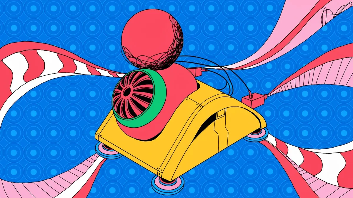 A yellow arched device with a red sphere and a green-rimmed round speaker grille, wired to two small boxes, on a blue background with concentric circles and red, pink and white ribbons.