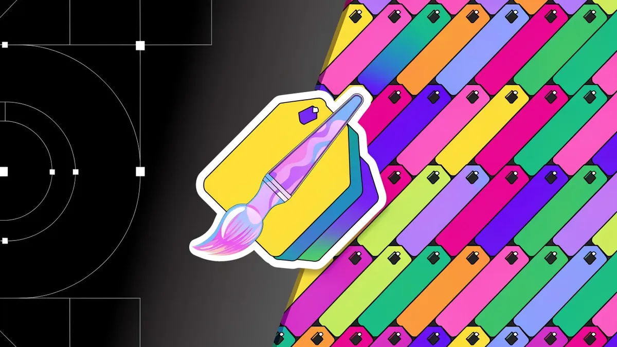 An illustration of a pastel pink, lilac and blue glass paintbrush resting across a yellow price tag, with a stack of teal and purple tags behind it, all with white sticker outlines, on a split background: black with white technical-drawing lines and square nodes on the left, and a grid of diagonal tags in bright pink, green, orange, purple and yellow on the right.