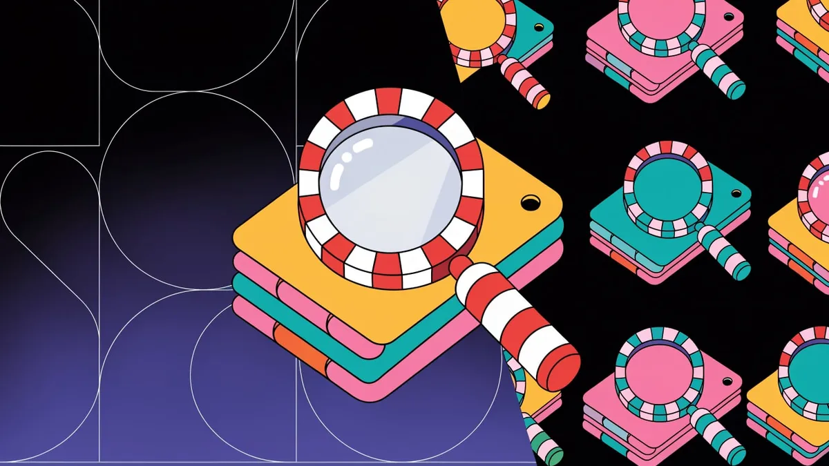A magnifying glass resting on a stack of paper index cards, cut out against a solid bright color.
