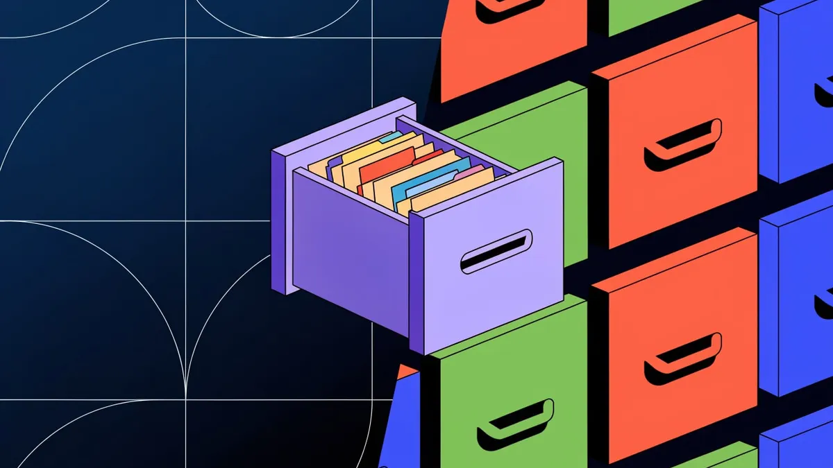 A purple filing cabinet drawer pulled open to show colored folders, set in a wall of orange, green and blue drawers beside a dark navy panel with white arc lines.