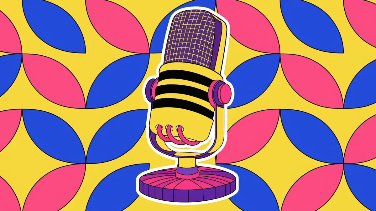 A flat illustration of a desktop microphone in pink and cyan with black outlines, on a solid blue background.
