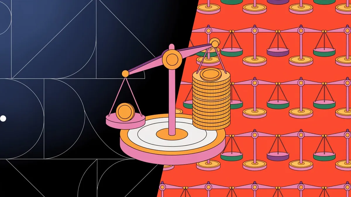 An illustrated pink balance scale with one gold coin in a small pan beside a tall stack of gold coins, set over a split background of white line shapes on dark blue and a repeating pattern of small scales on red-orange.