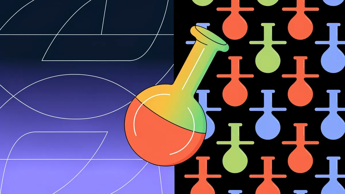 A flat illustration of a round-bottomed laboratory flask with an orange-to-green gradient, tilted over a pattern of small red, green and blue flasks on black beside a purple panel of white curved lines.