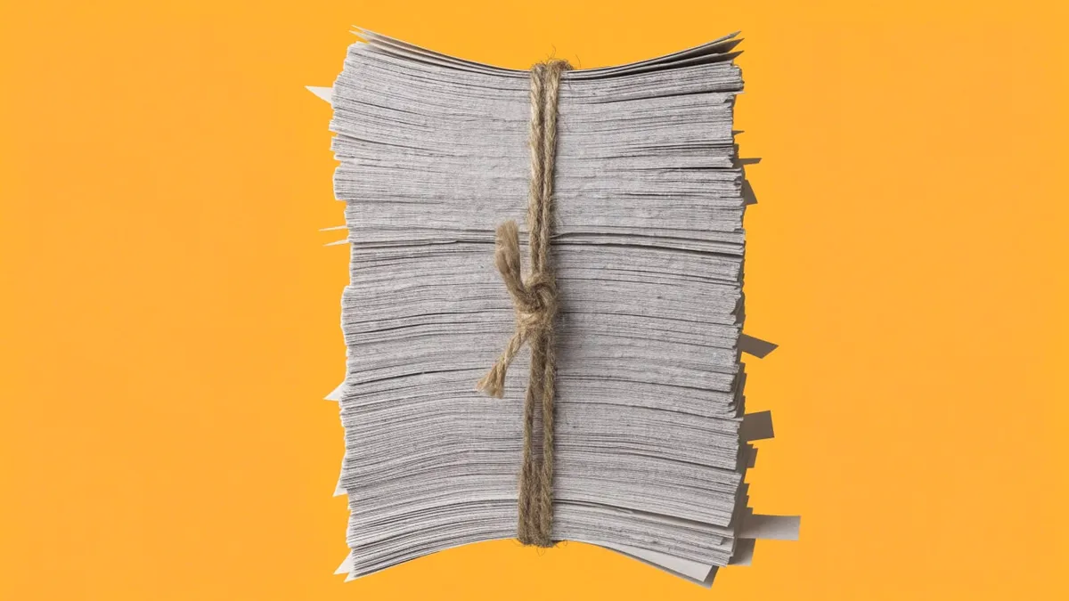 A stack of printed stock certificates tied with string, cut out against a solid bright color.