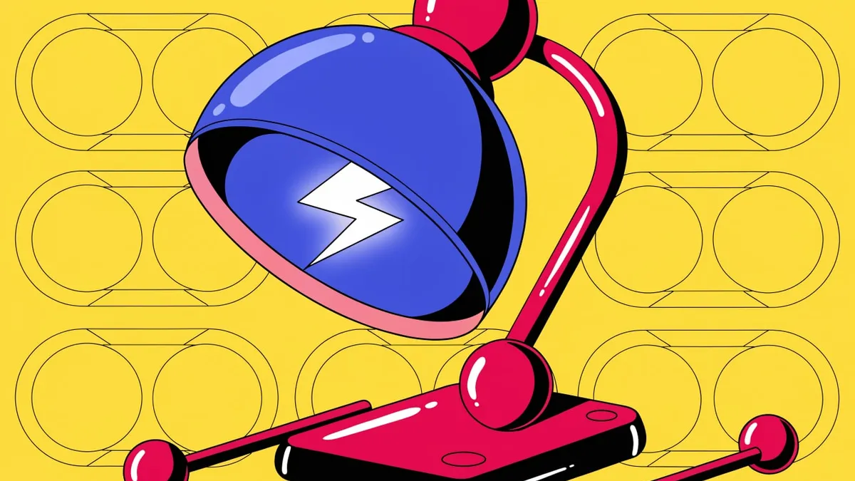 A red desk lamp with a blue dome shade and a white lightning bolt glowing inside it, set against a yellow background with outlined circles.