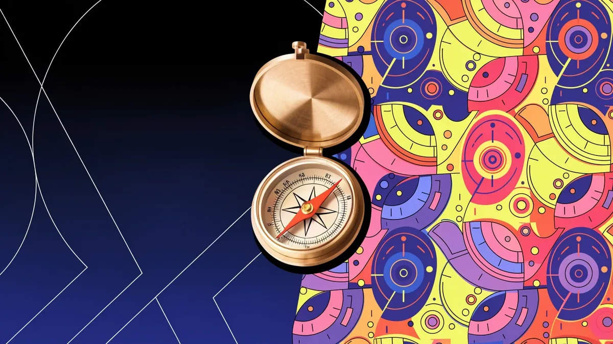 An open brass pocket compass with a red needle against a split background, dark blue gradient with white outlines on the left and a busy pattern of pink, yellow, purple and orange circles and arcs on the right.