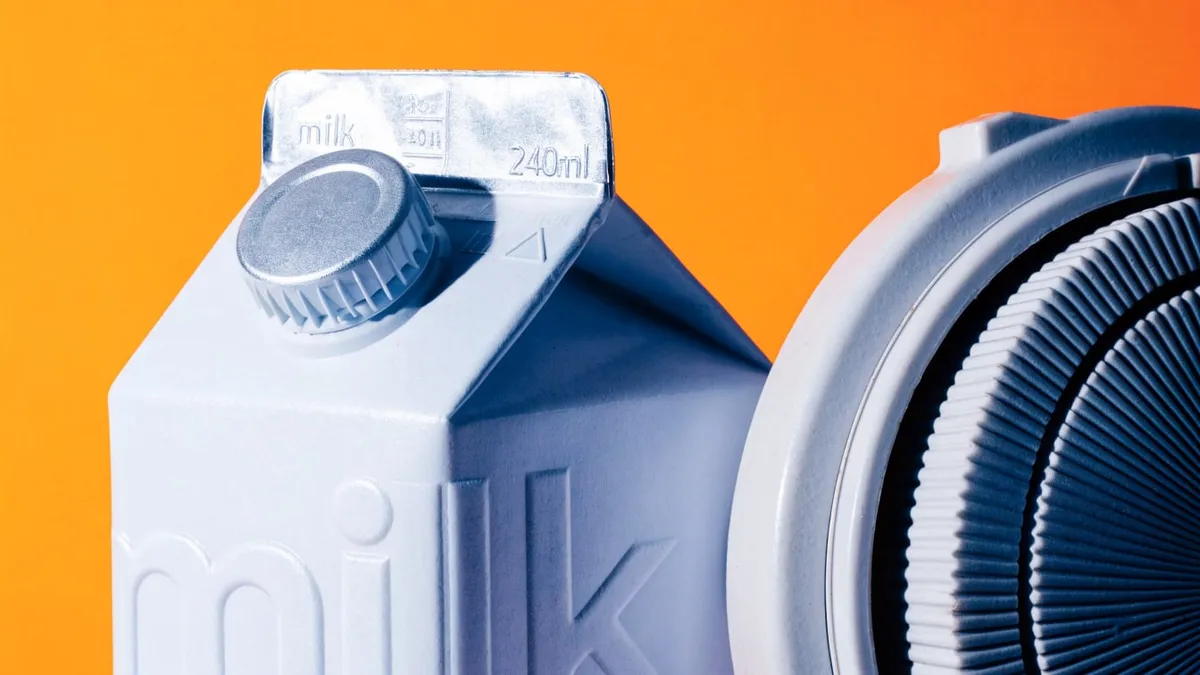 A milk carton beside a washing machine knob, cut out against a solid bright color.