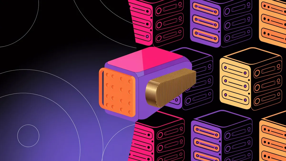 A purple block-shaped server module with a pink top, an orange perforated panel on its left end and a brass heat sink with fine fins pointing right, set on a black background with thin white arcs on the left and a repeating pattern of pink, purple and yellow server racks on the right.