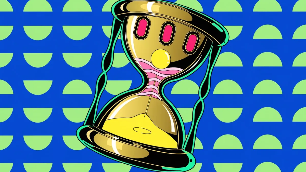 A gold and black hourglass with pink sand and a yellow ball in the upper bulb, tilted against a blue background patterned with green half circles.
