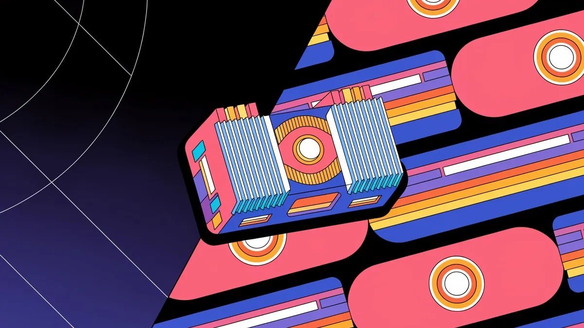 An illustrated graphics card with two blue finned heatsinks flanking a round fan with a red-and-orange eye-like center, tilted over rows of pink pill shapes and striped blue, purple and orange bars on black, with a navy panel of thin white arc lines at left.