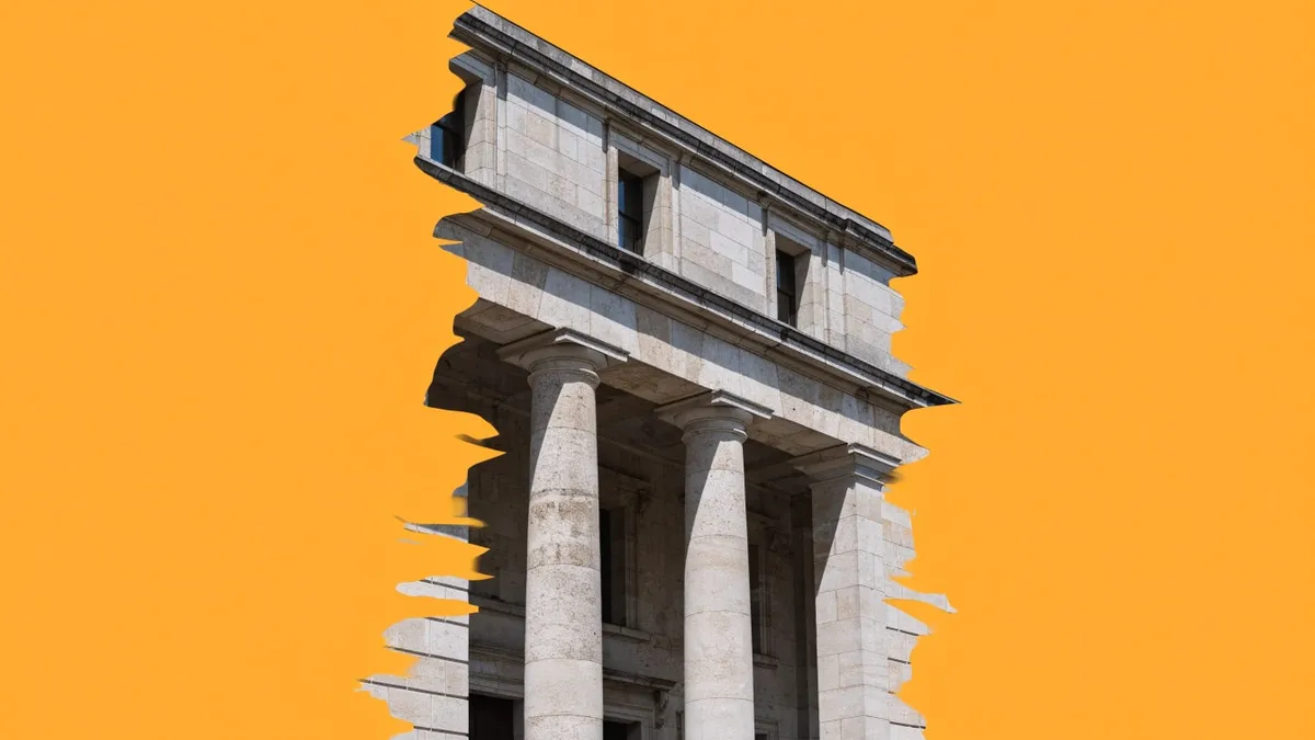 A stone government building with columns, cut out against a solid bright color.