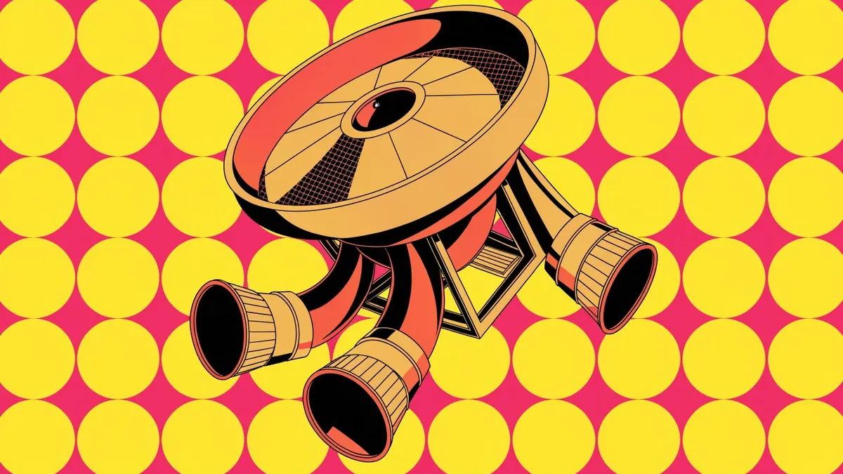 An illustrated orange-gold circular sieve tilted on a frame with three flared chutes pointing out, set over a pink background with a pattern of large yellow circles.