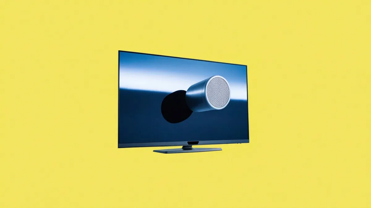 A flat-screen television, cut out against a solid bright color.