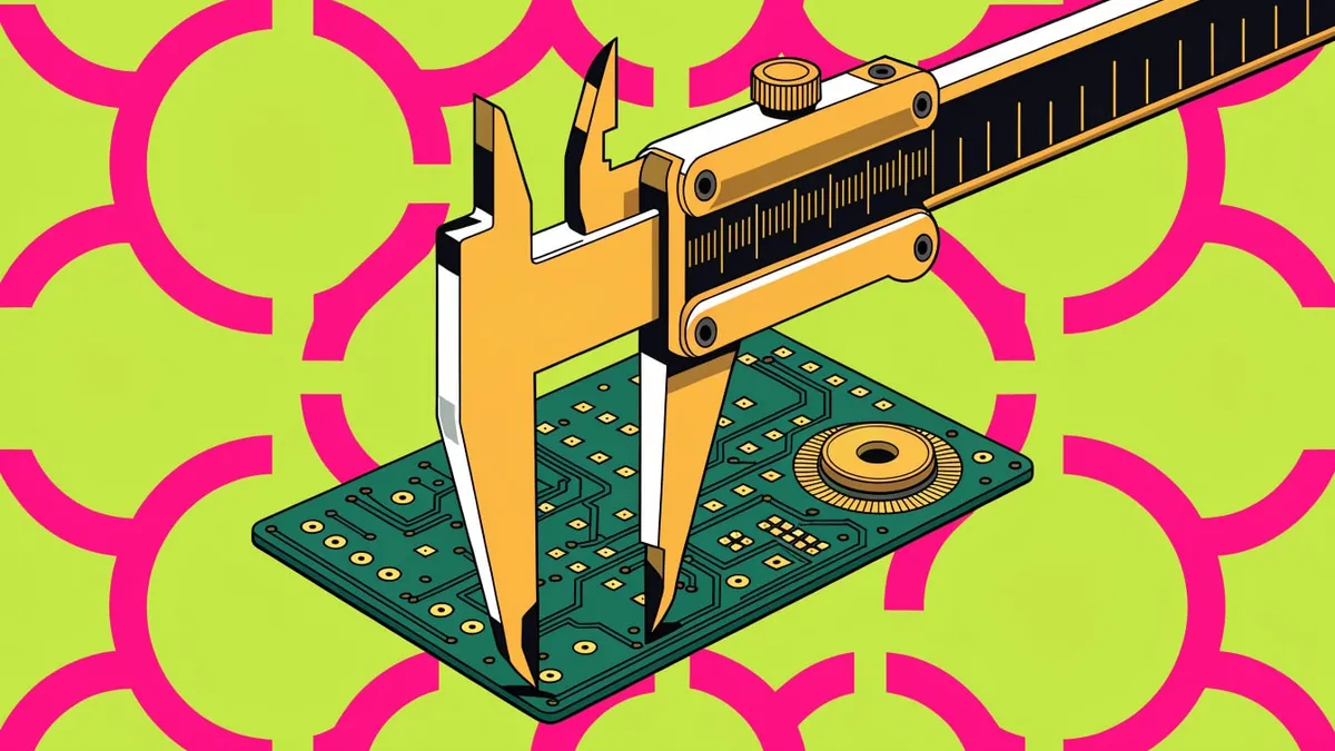 An illustrated pair of orange and black calipers clamped over a green circuit board with gold contacts, set against a lime-green field of pink interlocking arcs.