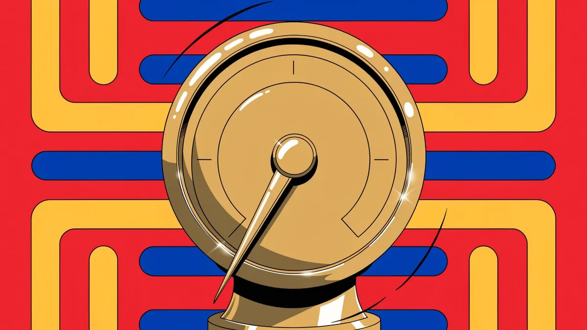 A brass dial gauge on a short stand with its needle pointing low, set against a red background with blue and yellow rounded bars.