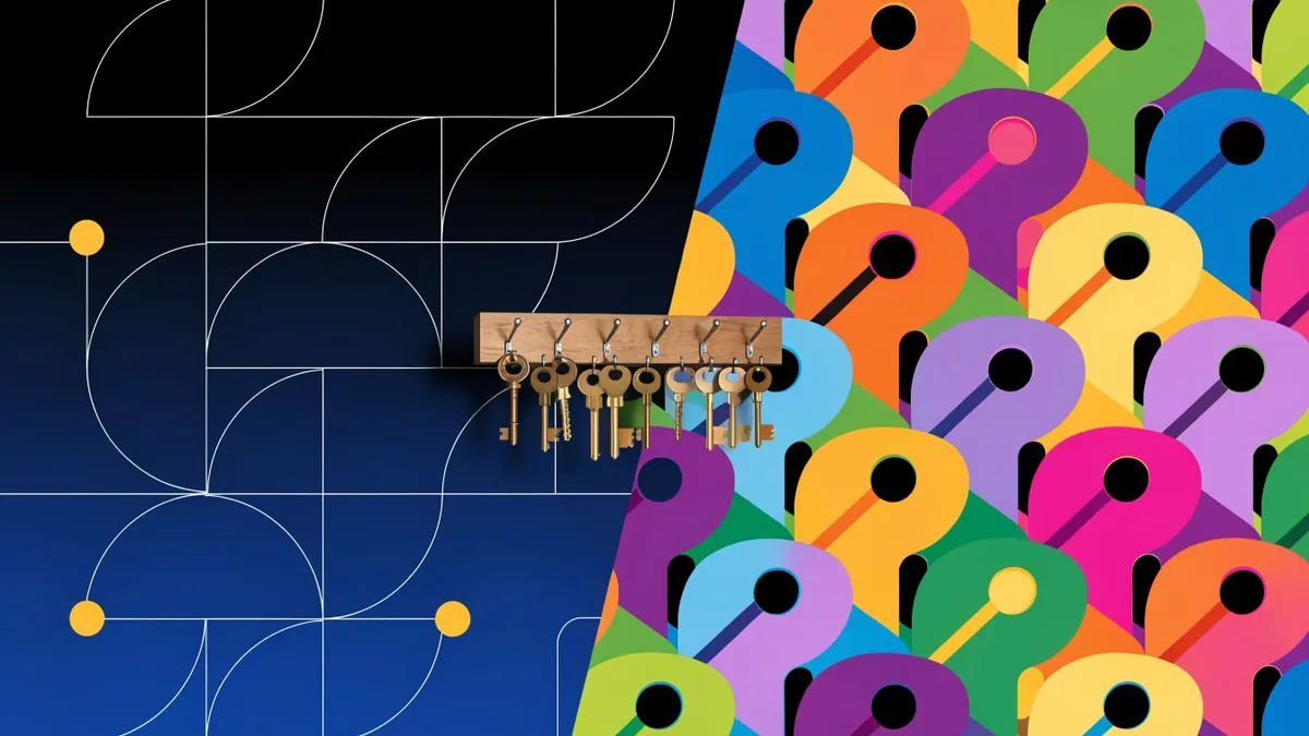 A wooden hook board holding a row of brass keys, set between a black-and-blue line pattern and a field of colorful keyhole shapes.