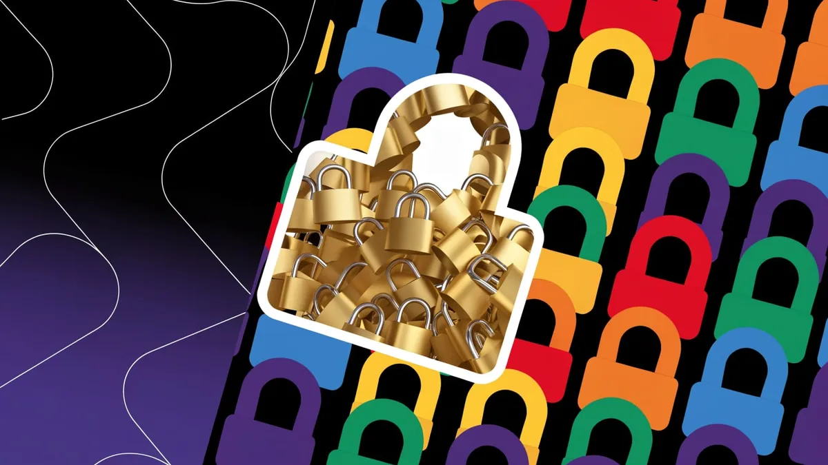 A heap of brass padlocks inside a large white-outlined padlock shape, set against a black field of rainbow-colored padlock icons beside a purple-and-black panel of thin white curved lines.